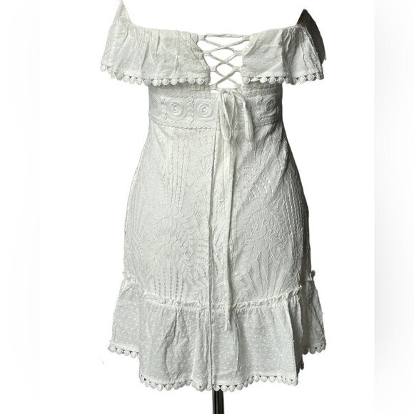 Lena White Lace Ruffles Strapless Mini Dress w/Lace Up Back (Size: Small) - Picture 13 of 16